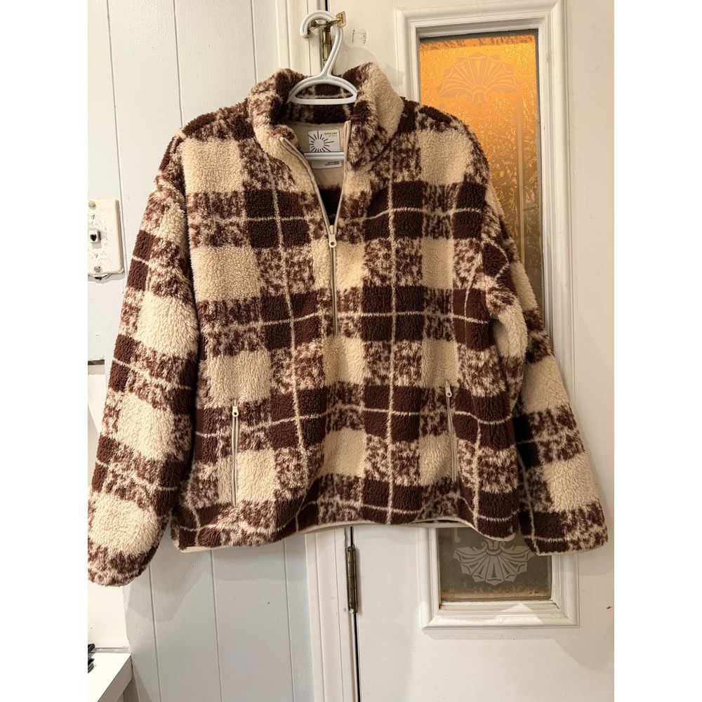 Offline by Aerie Brown Cream Checkered Quarter Zip Sherpa Fleece Pullover M
